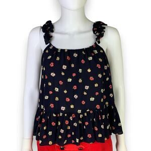 Madewell 100% Silk Tank Size 0 Ruffle Strap Cami Confetti Floral Navy Blue